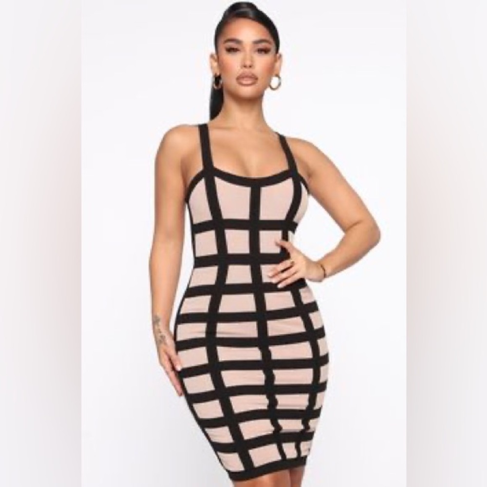 Fashion Nova My Palace Mesh Grid Midi Dress Black Nude Small